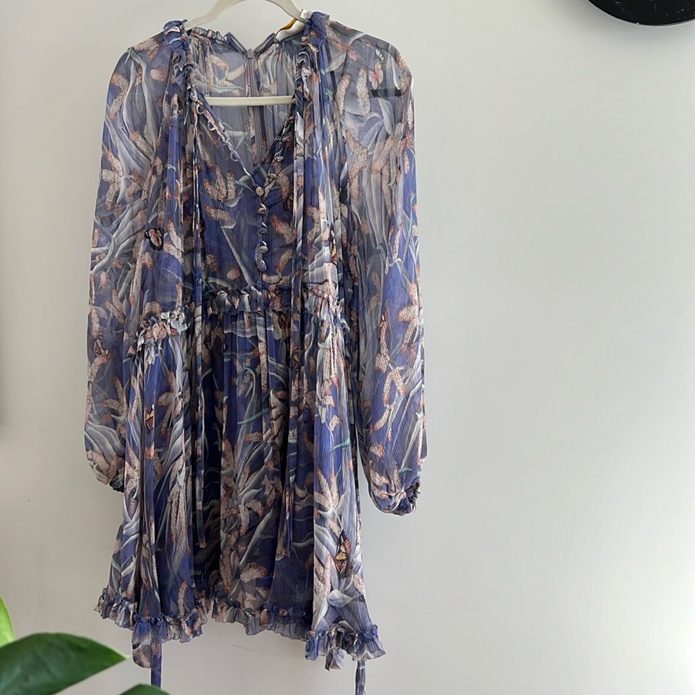 Zimmermann 100% Silk Printed Mini Dress w/ Sleeves - Lilac / Purple (Size 0)